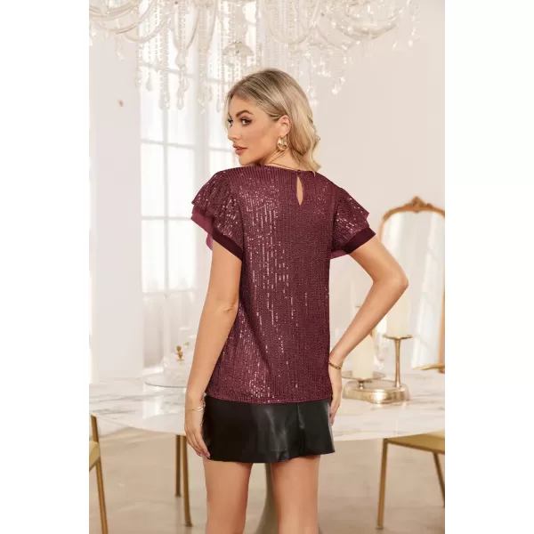 GRACE KARIN Womens Sparkly Sequin Tops Short Sleeve Glitter Dressy Blouses Round Neck Party Club Ruffle Sequins ShirtsWine Red