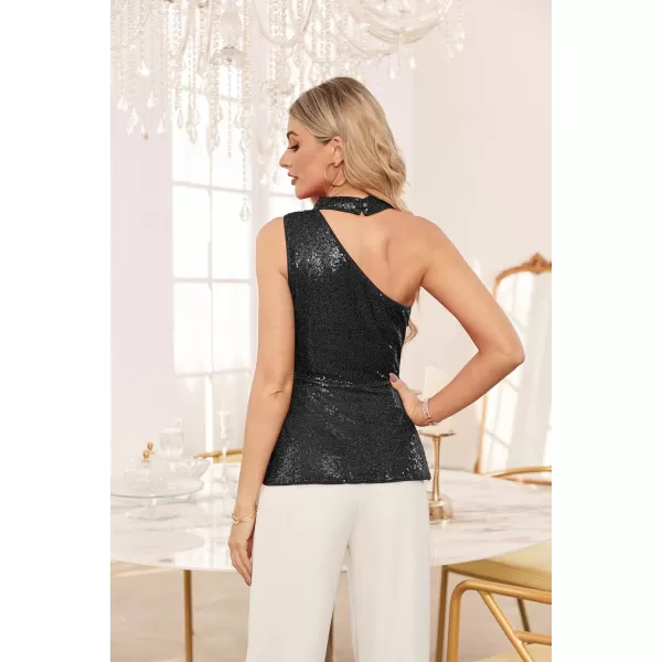 GRACE KARIN Womens Sparkly Sequin Tops Sleeveless Slim Fit Glitter Cocktail Blouse Sparkle One Shoulder Club Party ShirtsBlack
