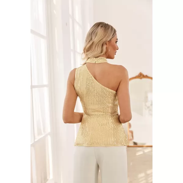 GRACE KARIN Womens Sparkly Sequin Tops Sleeveless Slim Fit Glitter Cocktail Blouse Sparkle One Shoulder Club Party ShirtsChampagne