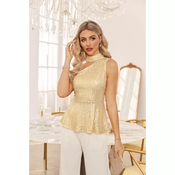 GRACE KARIN Womens Sparkly Sequin Tops Sleeveless Slim Fit Glitter Cocktail Blouse Sparkle One Shoulder Club Party ShirtsChampagne