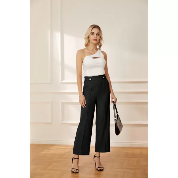 GRACE KARIN Womens Straight Leg Cropped Work Pants Elastic High Waist Wide Leg Business Casual Slacks with PocketBlack