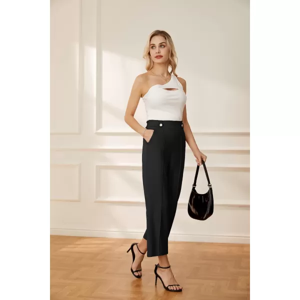 GRACE KARIN Womens Straight Leg Cropped Work Pants Elastic High Waist Wide Leg Business Casual Slacks with PocketBlack