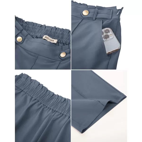 GRACE KARIN Womens Straight Leg Cropped Work Pants Elastic High Waist Wide Leg Business Casual Slacks with PocketBluish Gray