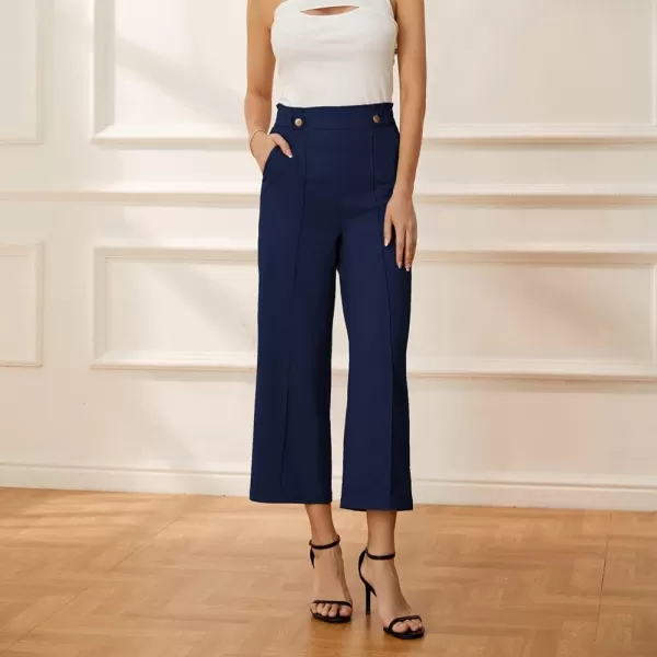 GRACE KARIN Womens Straight Leg Cropped Work Pants Elastic High Waist Wide Leg Business Casual Slacks with PocketDark Blue