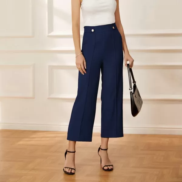 GRACE KARIN Womens Straight Leg Cropped Work Pants Elastic High Waist Wide Leg Business Casual Slacks with PocketDark Blue