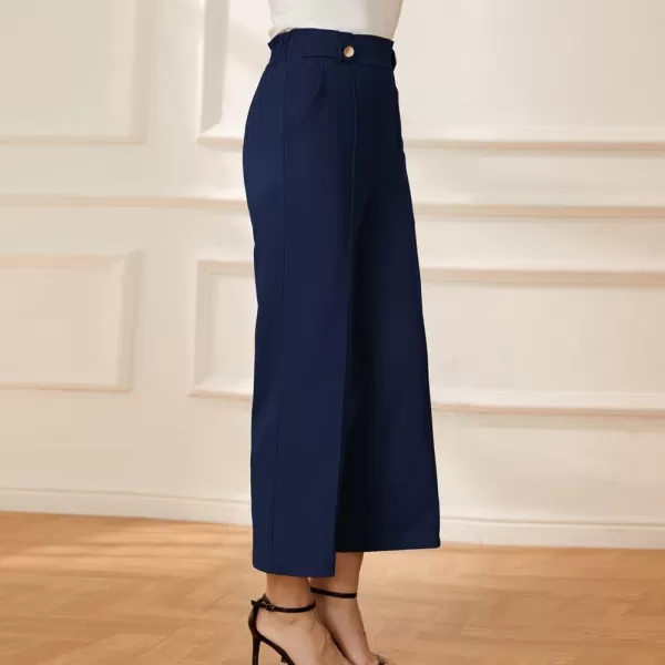 GRACE KARIN Womens Straight Leg Cropped Work Pants Elastic High Waist Wide Leg Business Casual Slacks with PocketDark Blue