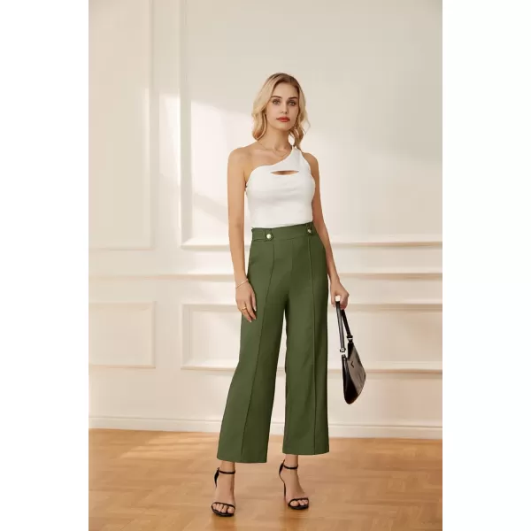 GRACE KARIN Womens Straight Leg Cropped Work Pants Elastic High Waist Wide Leg Business Casual Slacks with PocketGreen