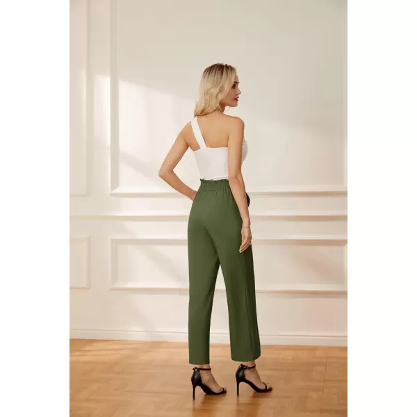 GRACE KARIN Womens Straight Leg Cropped Work Pants Elastic High Waist Wide Leg Business Casual Slacks with PocketGreen