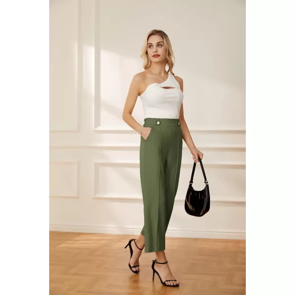 GRACE KARIN Womens Straight Leg Cropped Work Pants Elastic High Waist Wide Leg Business Casual Slacks with PocketGreen