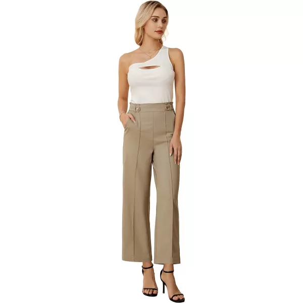 GRACE KARIN Womens Straight Leg Cropped Work Pants Elastic High Waist Wide Leg Business Casual Slacks with PocketKhaki