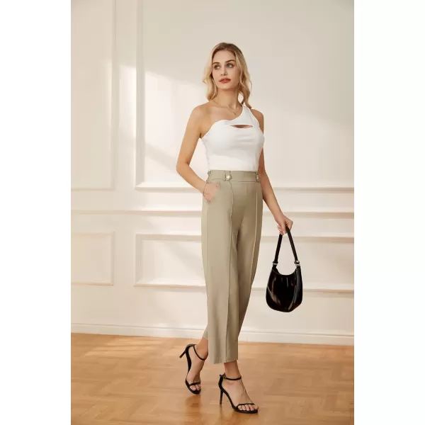 GRACE KARIN Womens Straight Leg Cropped Work Pants Elastic High Waist Wide Leg Business Casual Slacks with PocketKhaki