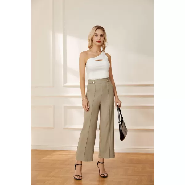 GRACE KARIN Womens Straight Leg Cropped Work Pants Elastic High Waist Wide Leg Business Casual Slacks with PocketKhaki