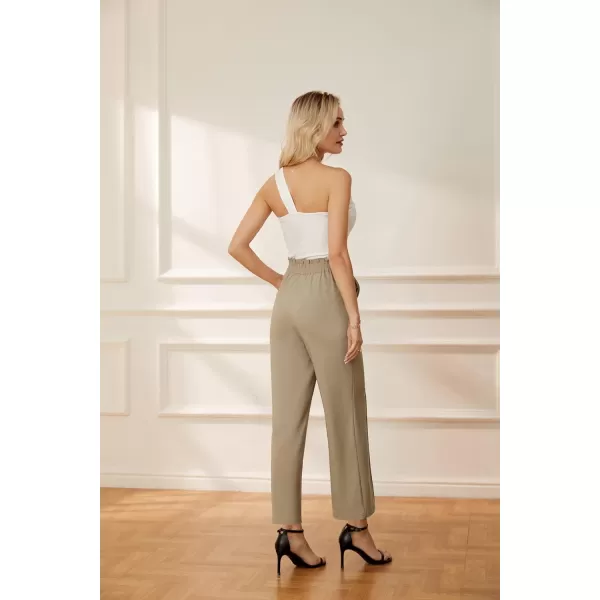 GRACE KARIN Womens Straight Leg Cropped Work Pants Elastic High Waist Wide Leg Business Casual Slacks with PocketKhaki