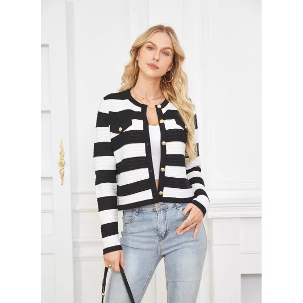 GRACE KARIN Womens Striped Cardigans 2024 Spring Open Front Button Down Knit Sweater Lady OuterwearBlack White Stripe