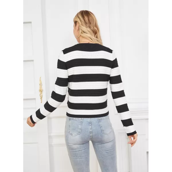 GRACE KARIN Womens Striped Cardigans 2024 Spring Open Front Button Down Knit Sweater Lady OuterwearBlack White Stripe