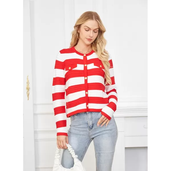 GRACE KARIN Womens Striped Cardigans 2024 Spring Open Front Button Down Knit Sweater Lady OuterwearRed White Stripe