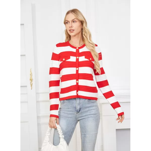 GRACE KARIN Womens Striped Cardigans 2024 Spring Open Front Button Down Knit Sweater Lady OuterwearRed White Stripe
