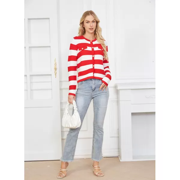 GRACE KARIN Womens Striped Cardigans 2024 Spring Open Front Button Down Knit Sweater Lady OuterwearRed White Stripe