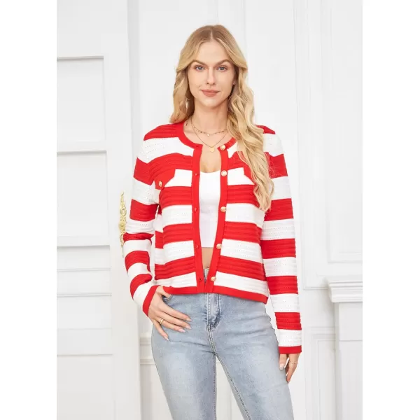 GRACE KARIN Womens Striped Cardigans 2024 Spring Open Front Button Down Knit Sweater Lady OuterwearRed White Stripe