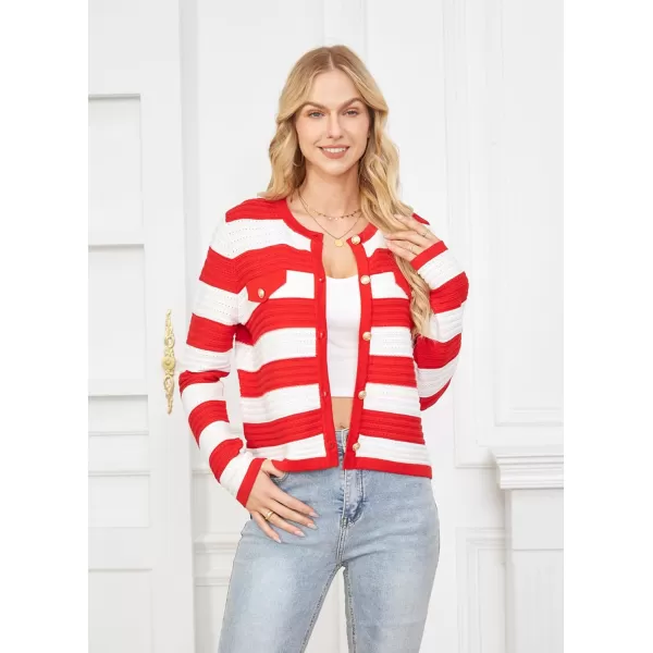 GRACE KARIN Womens Striped Cardigans 2024 Spring Open Front Button Down Knit Sweater Lady OuterwearRed White Stripe