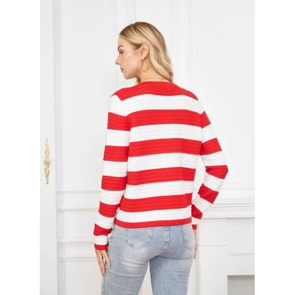 GRACE KARIN Womens Striped Cardigans 2024 Spring Open Front Button Down Knit Sweater Lady OuterwearRed White Stripe