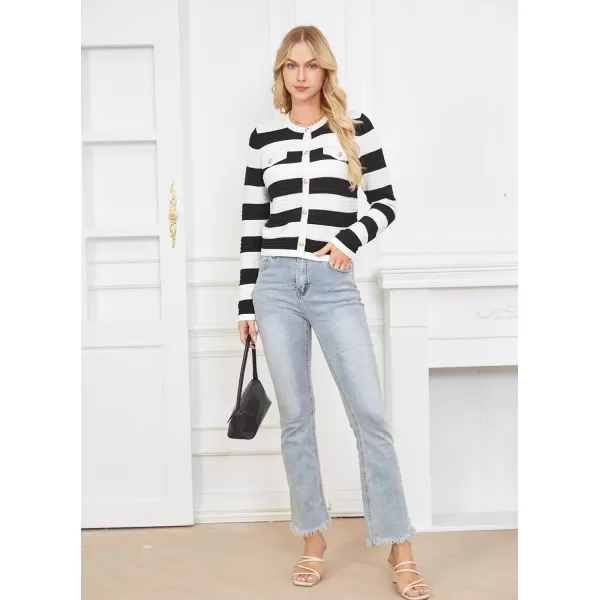 GRACE KARIN Womens Striped Cardigans 2024 Spring Open Front Button Down Knit Sweater Lady OuterwearWhite Black Stripe