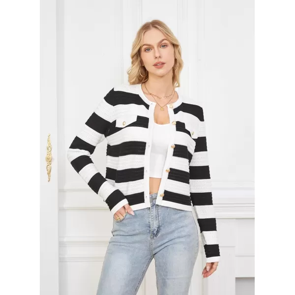 GRACE KARIN Womens Striped Cardigans 2024 Spring Open Front Button Down Knit Sweater Lady OuterwearWhite Black Stripe