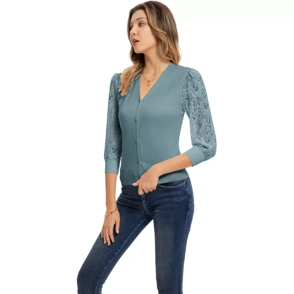 GRACE KARIN Womens Summer Cardigan Lightweight V Neck Lace 34 Sleeve Button Front SweatersGrey Blue