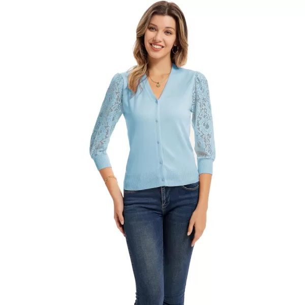 GRACE KARIN Womens Summer Cardigan Lightweight V Neck Lace 34 Sleeve Button Front SweatersLight Blue