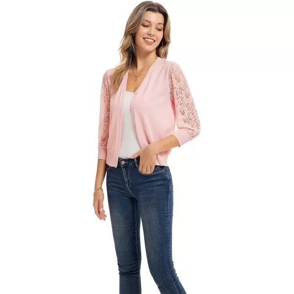 GRACE KARIN Womens Summer Cardigan Lightweight V Neck Lace 34 Sleeve Button Front SweatersPink