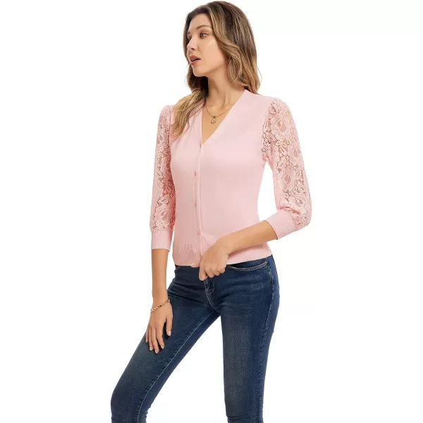 GRACE KARIN Womens Summer Cardigan Lightweight V Neck Lace 34 Sleeve Button Front SweatersPink