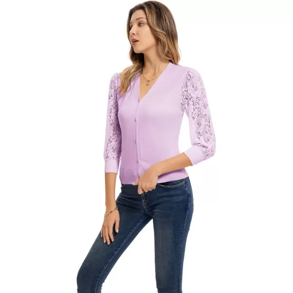 GRACE KARIN Womens Summer Cardigan Lightweight V Neck Lace 34 Sleeve Button Front SweatersPink Purple