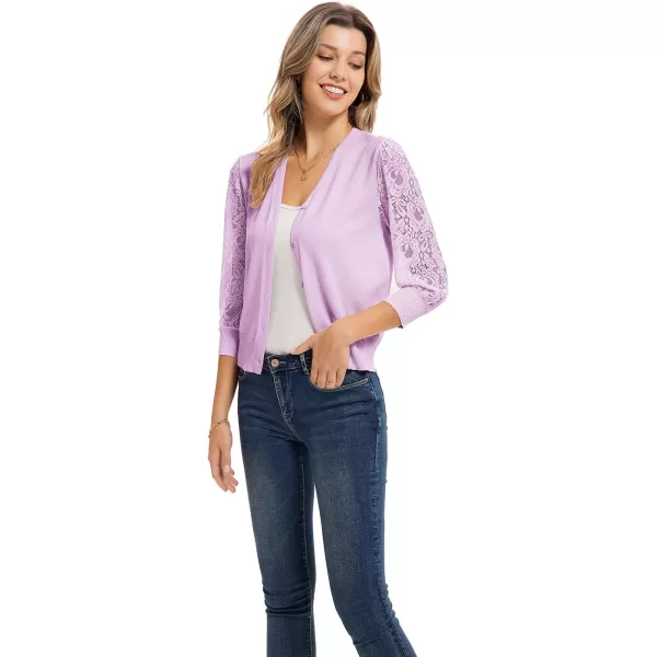 GRACE KARIN Womens Summer Cardigan Lightweight V Neck Lace 34 Sleeve Button Front SweatersPink Purple