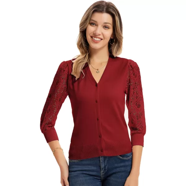 GRACE KARIN Womens Summer Cardigan Lightweight V Neck Lace 34 Sleeve Button Front SweatersWine Red