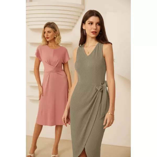 GRACE KARIN Womens Summer Casual Bodycon Dress Knit Sleeveless V Neck Ribbed Wrap Work Midi Sweater Tank DressKhaki