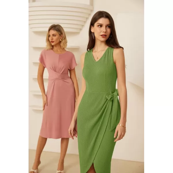 GRACE KARIN Womens Summer Casual Bodycon Dress Knit Sleeveless V Neck Ribbed Wrap Work Midi Sweater Tank DressTender Green