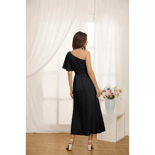 GRACE KARIN Womens Summer Casual Flutter Short Sleeve One Shoulder A Line Flowy Beach Slit Midi DressBlack