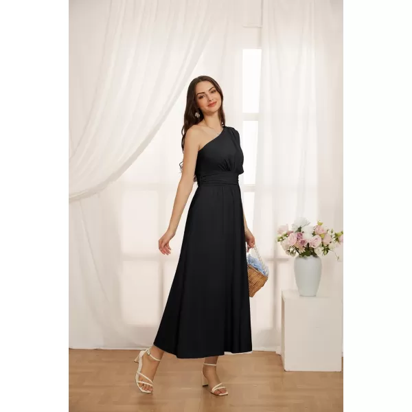 GRACE KARIN Womens Summer Casual Flutter Short Sleeve One Shoulder A Line Flowy Beach Slit Midi DressBlack