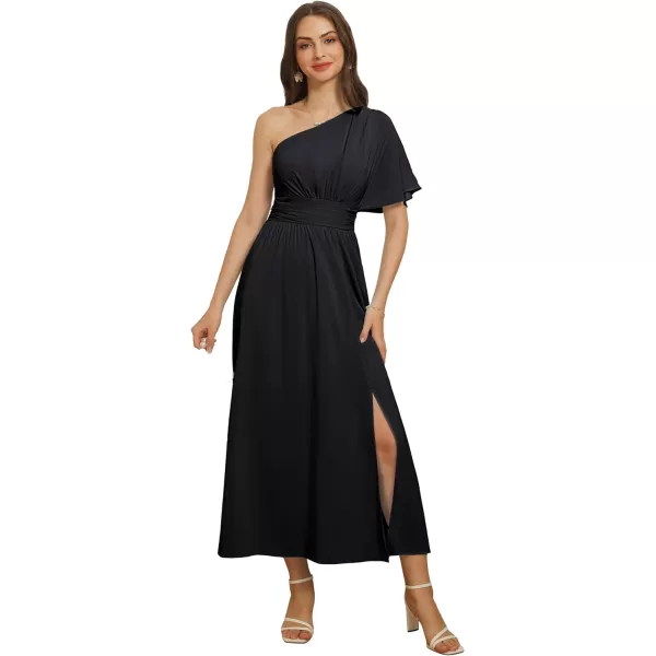 GRACE KARIN Womens Summer Casual Flutter Short Sleeve One Shoulder A Line Flowy Beach Slit Midi DressBlack