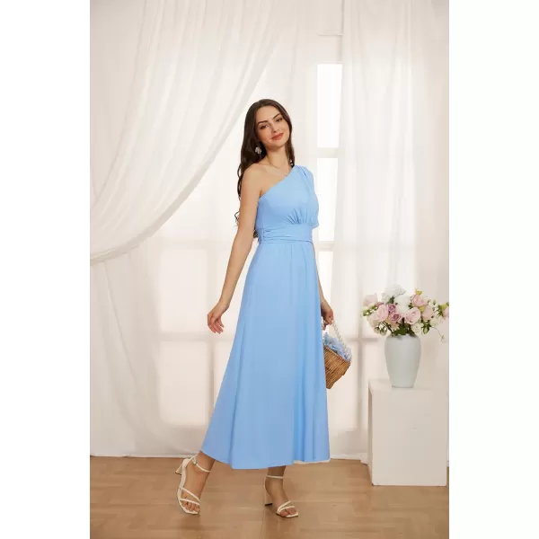 GRACE KARIN Womens Summer Casual Flutter Short Sleeve One Shoulder A Line Flowy Beach Slit Midi DressLight Blue