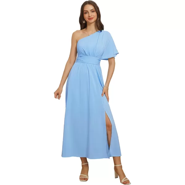 GRACE KARIN Womens Summer Casual Flutter Short Sleeve One Shoulder A Line Flowy Beach Slit Midi DressLight Blue