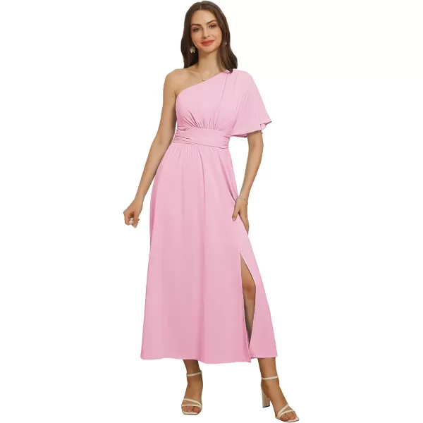 GRACE KARIN Womens Summer Casual Flutter Short Sleeve One Shoulder A Line Flowy Beach Slit Midi DressLight Pink