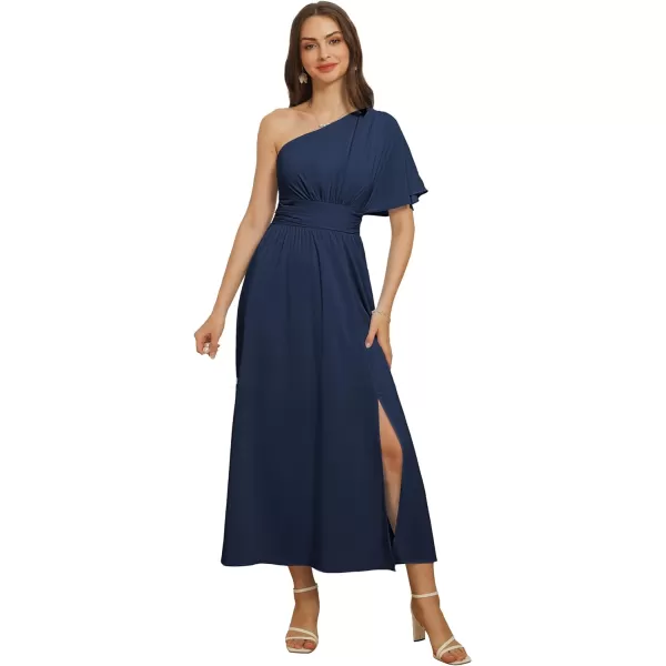 GRACE KARIN Womens Summer Casual Flutter Short Sleeve One Shoulder A Line Flowy Beach Slit Midi DressNavy