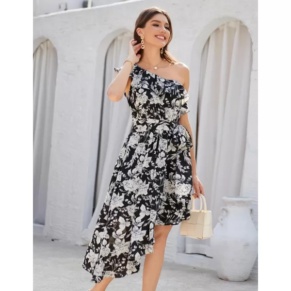 GRACE KARIN Womens Summer Floral Dress Casual One Shoulder Ruffle Sleeveless Asymmetrical High Low Beach Boho Midi DressesBlack