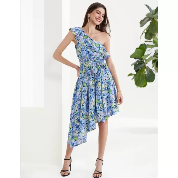 GRACE KARIN Womens Summer Floral Dress Casual One Shoulder Ruffle Sleeveless Asymmetrical High Low Beach Boho Midi DressesBlue Floral