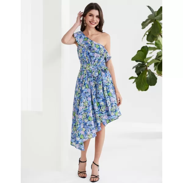 GRACE KARIN Womens Summer Floral Dress Casual One Shoulder Ruffle Sleeveless Asymmetrical High Low Beach Boho Midi DressesBlue Floral