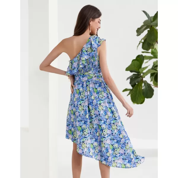 GRACE KARIN Womens Summer Floral Dress Casual One Shoulder Ruffle Sleeveless Asymmetrical High Low Beach Boho Midi DressesBlue Floral