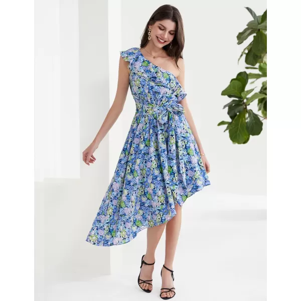 GRACE KARIN Womens Summer Floral Dress Casual One Shoulder Ruffle Sleeveless Asymmetrical High Low Beach Boho Midi DressesBlue Floral