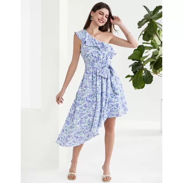 GRACE KARIN Womens Summer Floral Dress Casual One Shoulder Ruffle Sleeveless Asymmetrical High Low Beach Boho Midi DressesPurple Green Floral