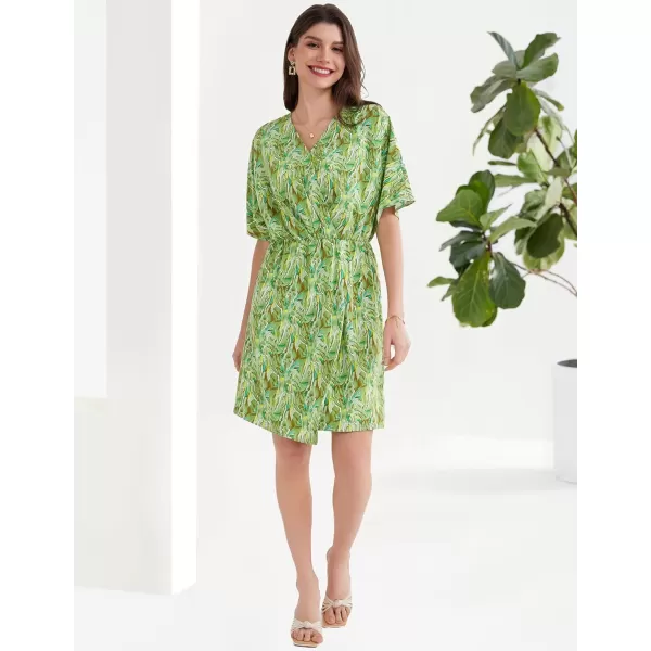 GRACE KARIN Womens Summer Floral Dress Casual Wrap V Neck Short Sleeve Empire Waist ALine Flowy Beach Boho Mini DressesGreen Abstract Floral